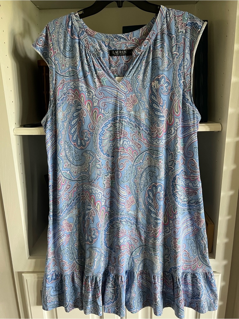 Lauren Ralph Lauren Dress Blue Paisley Ruffle-Hem Tank Lounge L